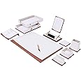 Star Luxury Leather Desk Set, Leather & Wood Desk Set, with Double Tray, Office Desk Accessories, Home Office Accessories, Desk Supplies, Desk Organizer (White), 11 Pcs