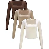 winkbay Women's 3 Pack Square Neck Tight T Shirts Dressy Casual Long Sleeve Crop Tops