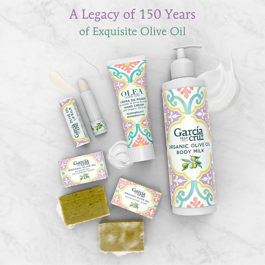 Olive Oil Body Essentials Kit by Garcia de la Cruz Extra Virgin Olive Oil Infused Skin Care Gift Set includes Body Milk, Lip Balm, Hand Cream, and 2 Soaps