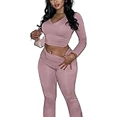 Women 2 Piece Lounge Set Contrast Lace V Neck Long Sleeve Crop Top Fold Over Flare Yoga Pants Tracksuit Casual Outfits
