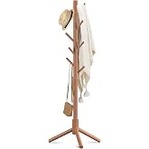 Haddockway Wooden Coat Rack Stand with 8 Hooks New Zealand Pine 3 Adjustable Coat Standing Tree Easy Assembly for Coats, Hats, Scarves and Handbags for Entryway, Hallway, Bedroom, Office