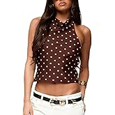 Women Y2k Polka Dots Halter Tank Tops Cute High Mock Neck Backless Cami Sexy Open Back Camisole Going Out Tops