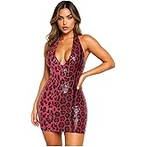 Dynvernal Sequin Leopard Print Mini Dress Y2K Sexy Deep V Halter Neck Sleeveless Bodycon Cheetah Dresses Summer Party Club