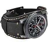 CooBES Compatible with Samsung Galaxy Watch 46mm/Galaxy Watch 3 45mm/Gear S3 Frontier/Classic Bands, 22mm Genuine Leather Cuff Bracelet Replacement Strap with Stainless Steel Buckle Men Women (Black)