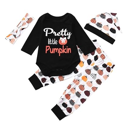 Lazzboy Halloween Neugeborenes Baby Mädchen Kostüm Body Strampler Kürbis Print Hosen Kappe Kleidung Outfits Set 4PCS