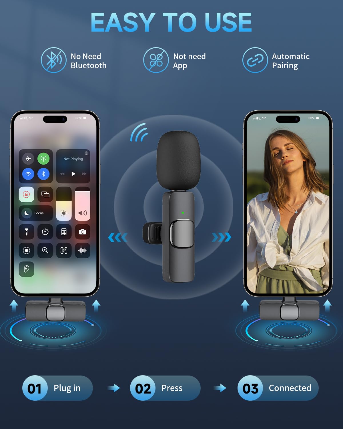 Professional Wireless Lavalier Microphone for iPhone iPad, Cordless Omnidirectional Clip Mini Mic, Plug-Play Microphone for Interview Video Podcast Vlog YouTube