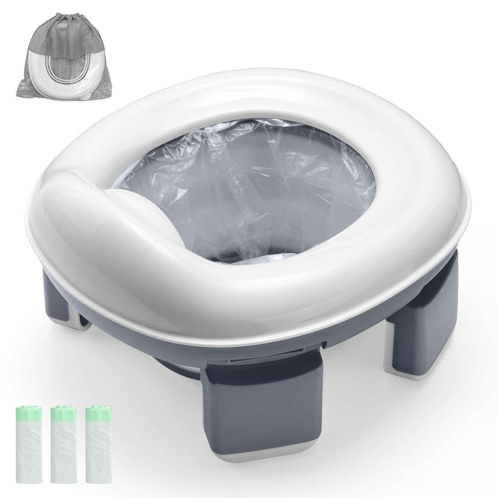 Warmiehomy Portable Travel Potty for Toddlers Kids Baby Foldable Potty Training Toilet Seat for 1-4 Years Boys Girls Indoor Outdoor Carry Potty Travel Toilet with 60pcs Cleaning Bags, Grey