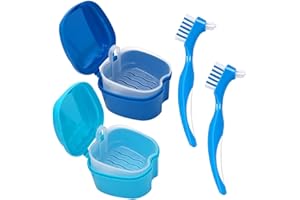 Denture Bath Cup and Brush set - 2 Pack Denture Case with Basket + 2 Pack Denture Brush, Portable Denture Retainer Storage Bo