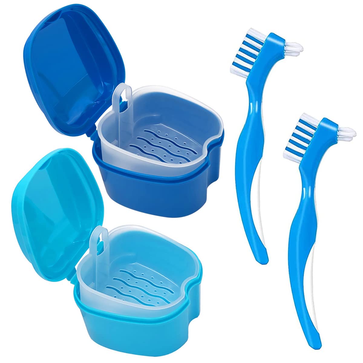 Denture Cleaner Box and Brush Set - 2 Pack Denture Bath Case with Basket + 2 Pack Denture Brush, Portable Denture Retainer Storage Box, False Teeth Brushes for Oral Care (Light and dark blue)