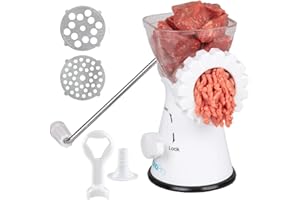 Manual Meat Grinder - Mincer w 2 Stainless Steel Plates, Sausage Attachment, Press, Heavy Duty Suction Base and Dishwasher Sa