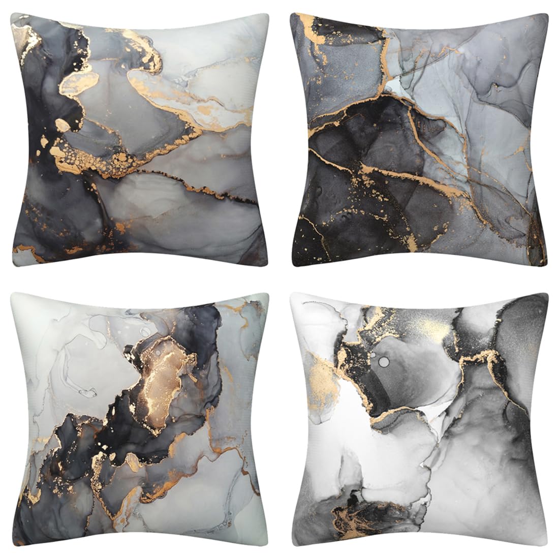 DILOXNSU Set of 4 Grey Black Gold Cushion Covers 45 x 45 Marble Soft Velvet Decorative Pillows Cases Couch Cushions for Sofa Chair Bedroom Livingroom Cushion Cover 18x18 Inch