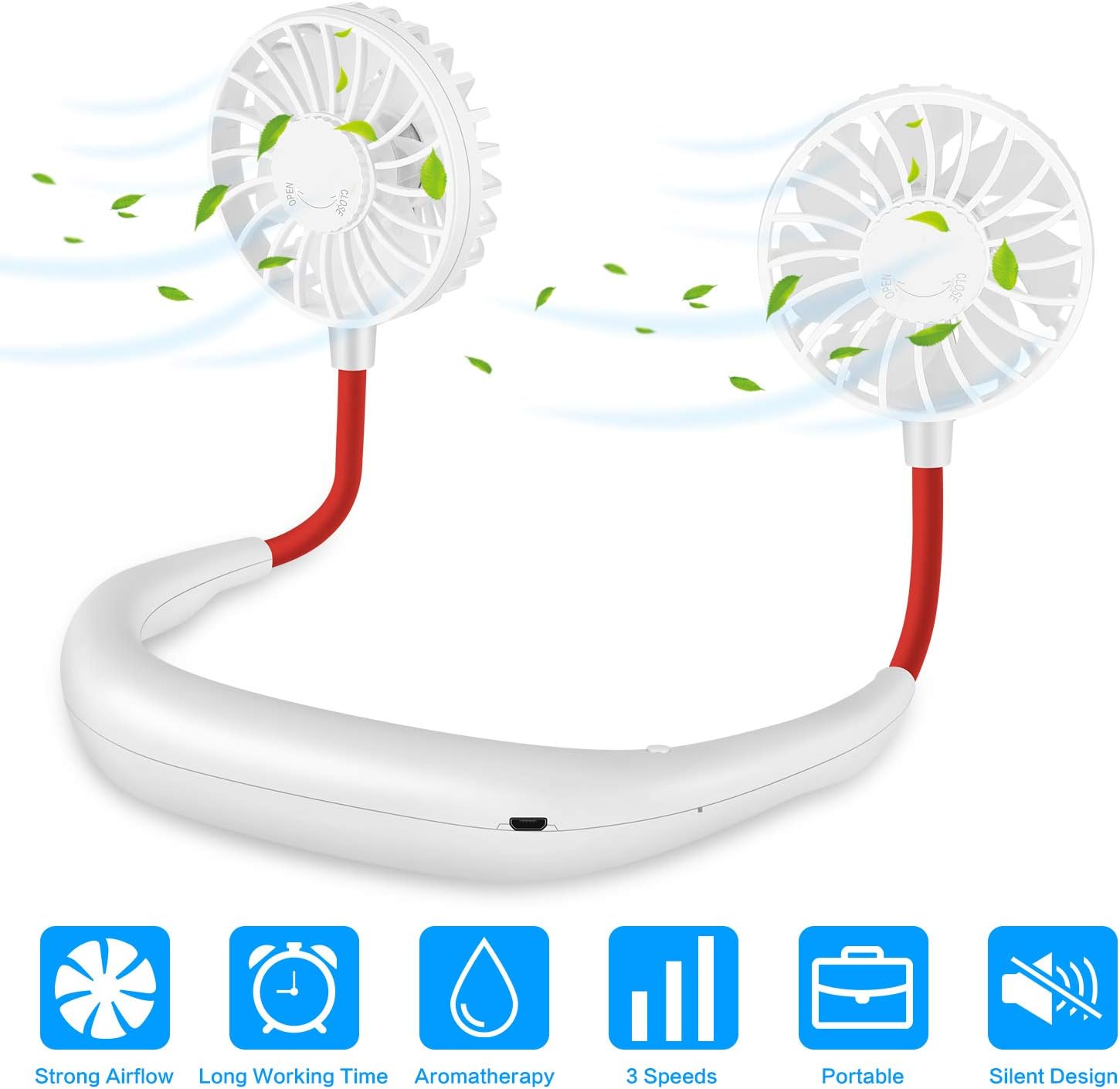Portable Neck Fan USB Rechargeable, Hands Free Personal iköer Necklace Fan with Dual Wind Head for Office Sport Outdoor Traveling and More (White)