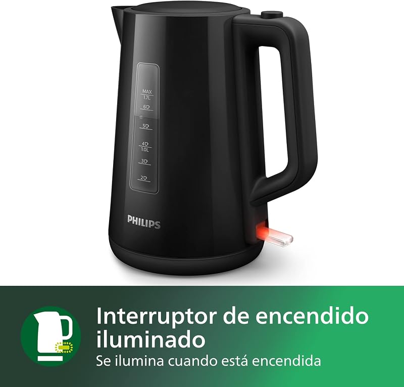 Hervidor Serie 3000-1,7L Tapa con resorte, Resistencia plana, Luz indicadora, Filtro extraíble, Múltiples sistemas de seguridad, Negro (HD9318/20)