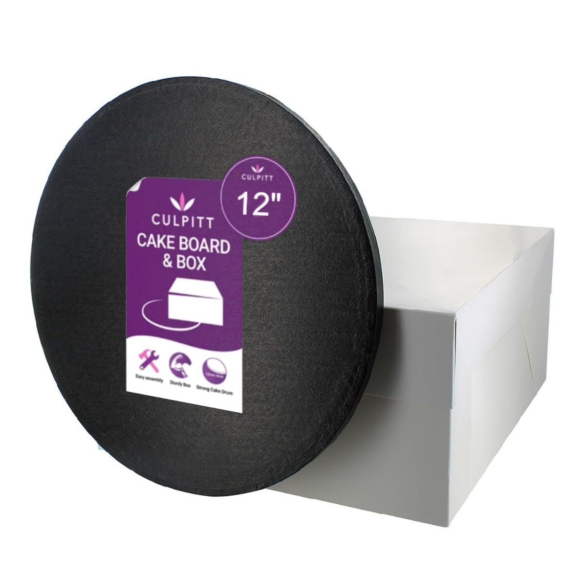 Culpitt 12" Round Black Cake Drum & Matching White Box, 0.5" Thick, Halloween Treat Transport, Single Pack — image 1