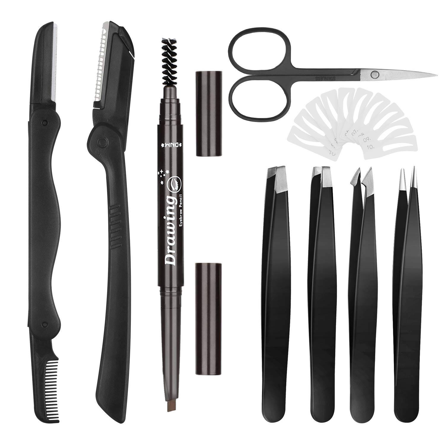 Eyebrow Razor Kit for Women 18 in 1, Grooming Tools with 4 PCS Premium Eyebrow Tweezers, Eyebrow Razor, Eyebrow Scissors, 10 PCS Eyebrow Stencil Kit (Black Eyebrow Kit-Dark Brown Eyebrow Pencil): Beauty