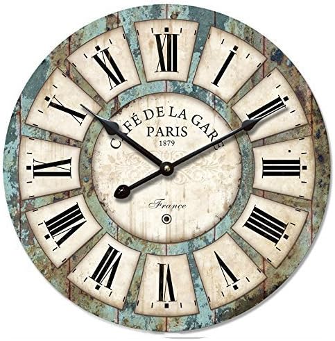 Shabby Chic Wall Clock, 16-Inch Eruner Vintage Roman Numerals Wood Clocks *Cafe De La Gare* French Country Tuscan Style Non-Ticking Quartz Movement (16", #03)