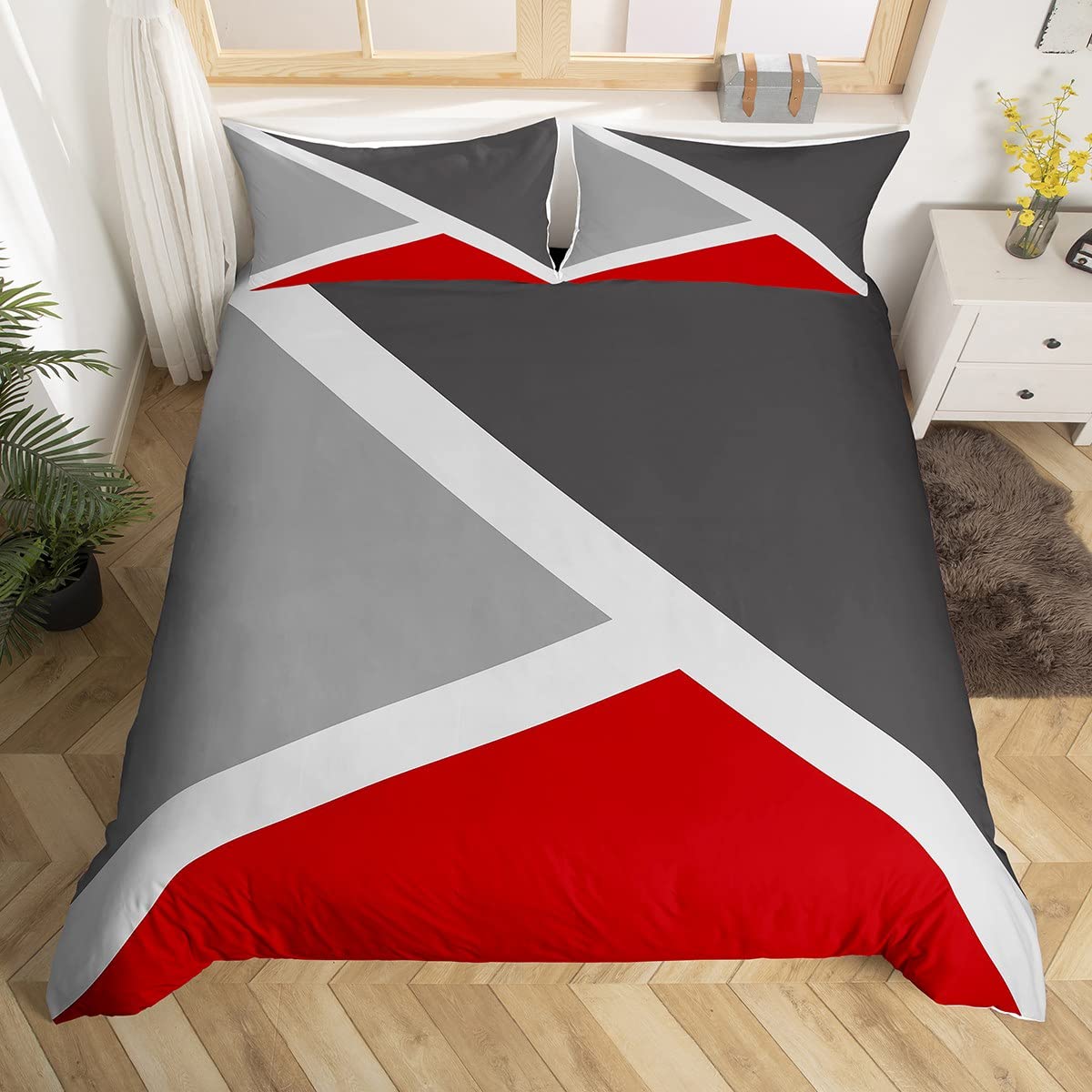 Homewish Patchwork Geometric Single Duvet Cover Set with 1 Pillowcase - Single Size, 100% Soft & Breathable Polyester, Zip Closure - Red and Gray Bedding - Modern Simple Pattern with Black Reverse โ image 1