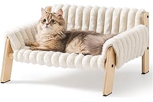 MEWOOFUN Cat Couch Bed, Pet Sofa for Indoor Cats Wooden Indoor Elevated Cat Beds with Removable Mattress Cover Suitable for Kitty, Puppy or Small Animal (Cream, Medium)