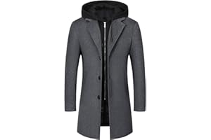 Mens Wool Trench Coat with Removable Hoodie Knee Length Windproof Classic Wool Coat