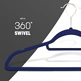 KEPLIN Velvet Hangers 20 Pack 41.5cm Non-Slip Navy Blue with Tie Bar 360° Hook view 5