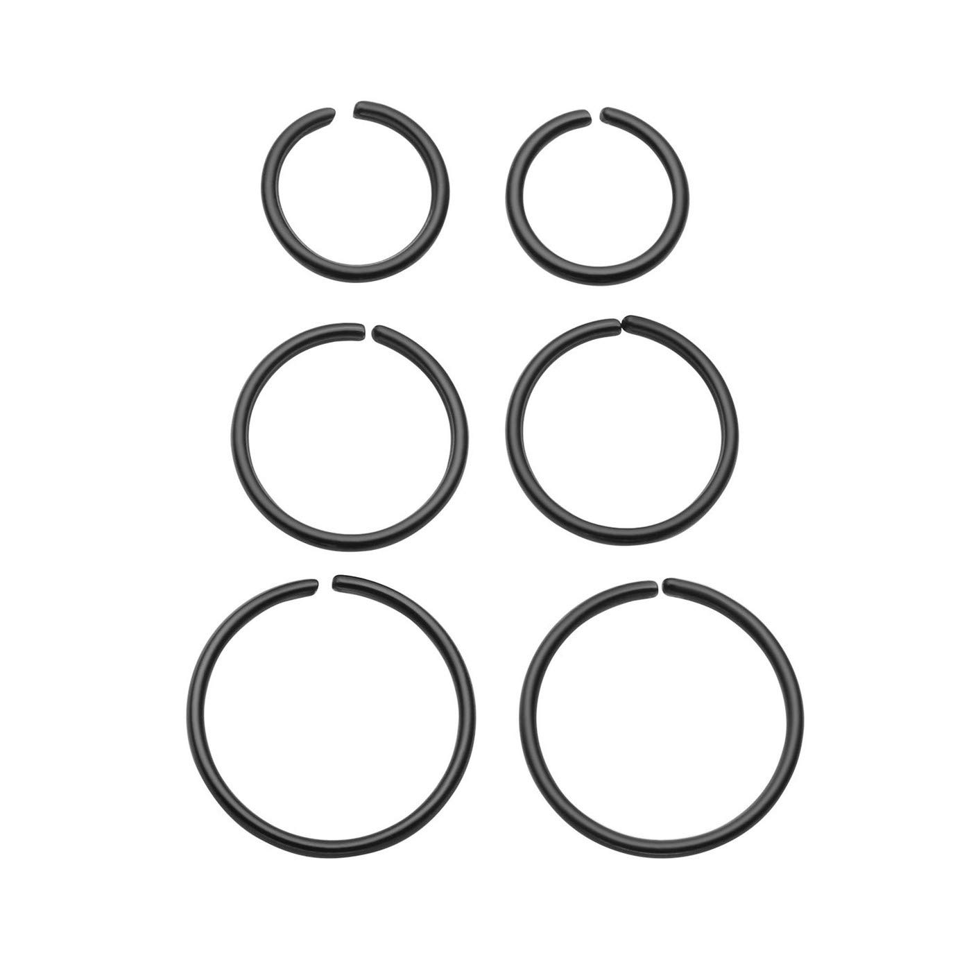 JSDDE 6pcs 20G Stainless Steel Nose Ring Hoop Septum Lip Tragus Earring Cartilage Helix Piercing 6mm-10mm Black
