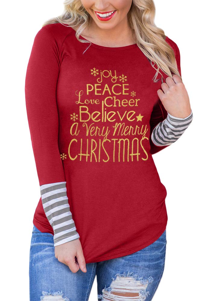 For G and PL Women's Christmas Print Striped Graphic Tops - Image 4