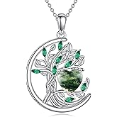 EKJQB s925 Sterling Silver Tree of Life Necklace for Women, 2.0 Carat Birthstone Tree Necklace, Crescent Jewelry, Birthday Christmas Gift for Her, 18" + 2" Inches