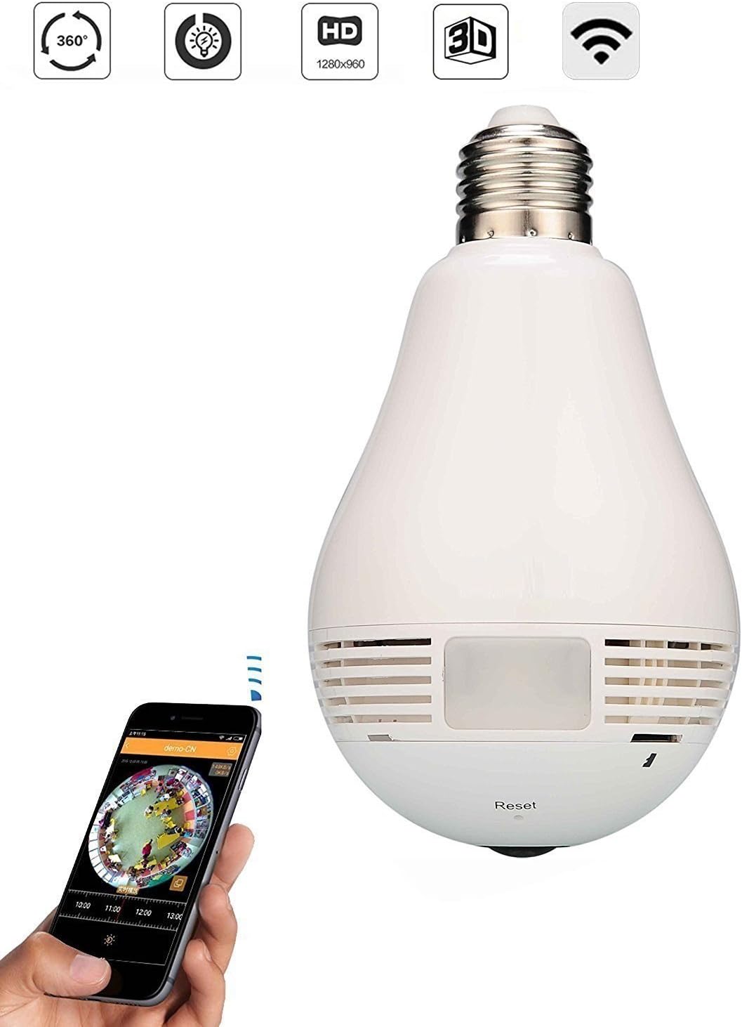 BYINDO 4.0MP WiFi Panoramic 360 Degree Wireless Fisheye CCTV Smart Home 3D VR Security Light Bulb IP Camera (White)