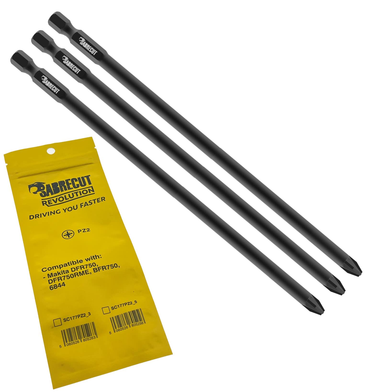 3 x SabreCut SC177PZ2_3 177mm PZ2 Compatible with Makita DFR750 DFR750RME BFR750 6844 P-67789 Autofeed Collated Drywall Screwdriver Gun Bit Single Ended Pozi No.2 Heavy Duty
