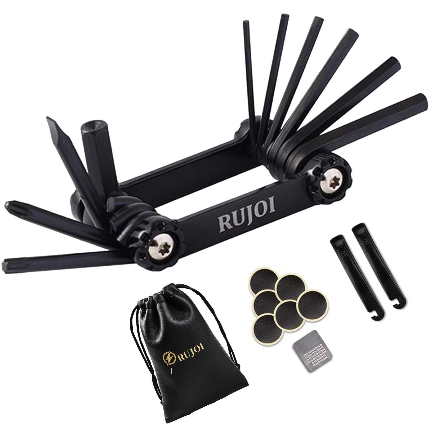 RUJOI Bike Repair Set Bag Tool Kit, 10 in 1 Multi Function Tool Kit Hex Key Allen Wrench,2PCS Staniless Tire Lever,6 PCS Glueless Tire Patch Kit Repair with MTB and Road Bike