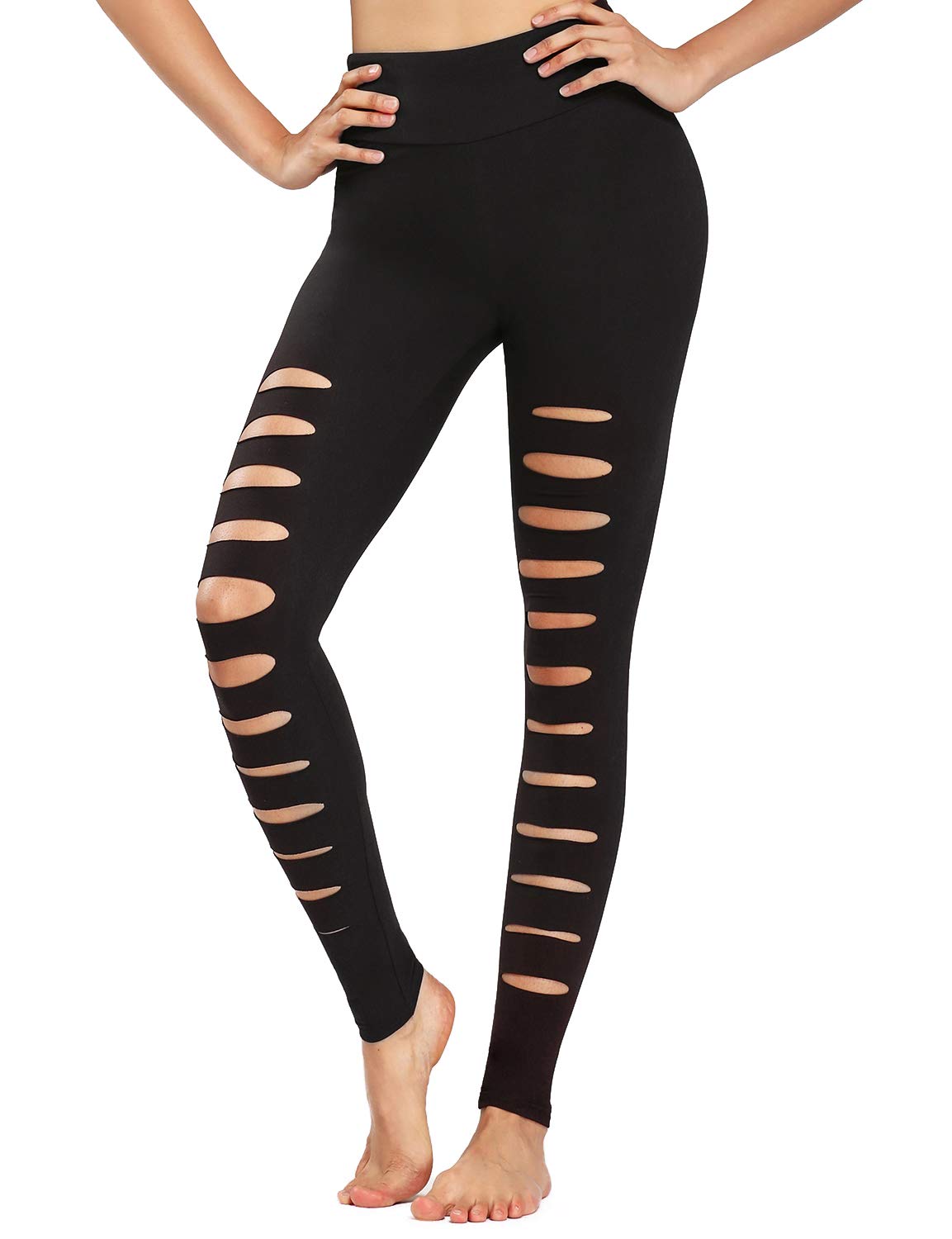 Womens Ripped Yoga Pants High Waist Cutout Workout Running Leggings with Holes