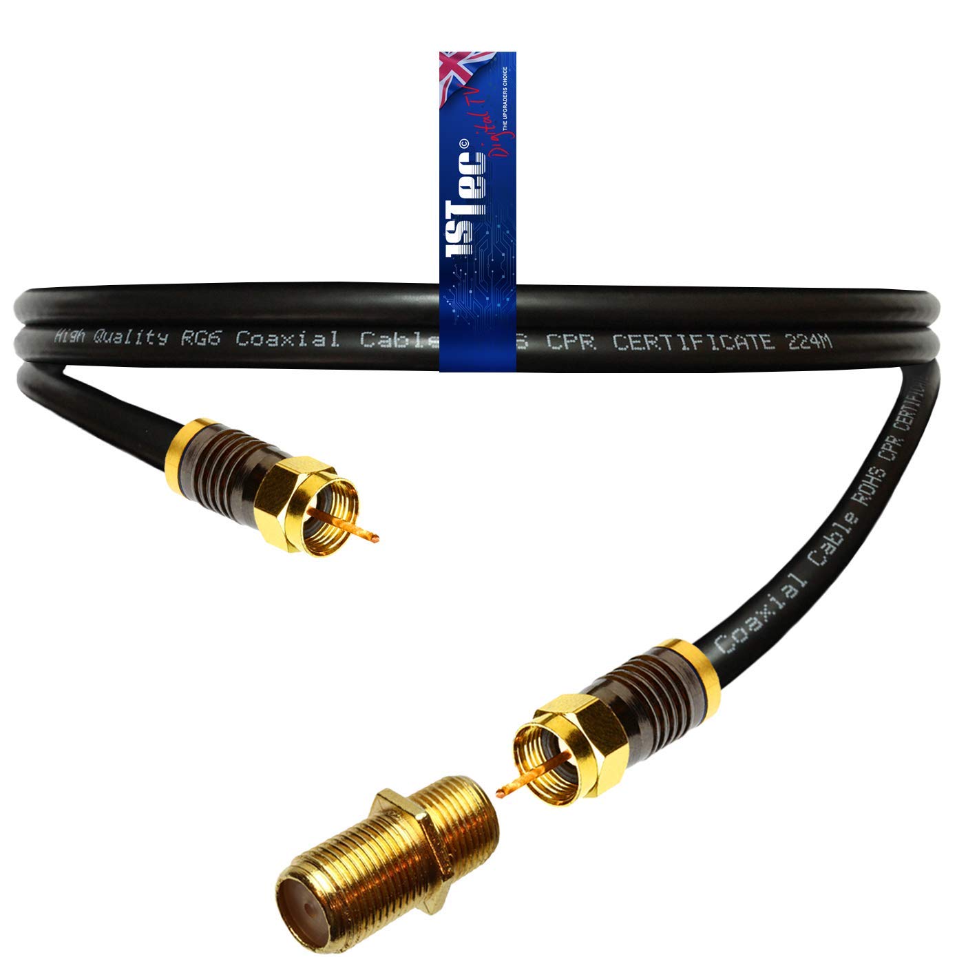 1STec 1m Gold Plated Male to Male Virgin Media Extension Cable with Threaded Female Joining Coupler for V6 TIVO Set Top Box or VIVID Fibre Super Hub Broadband Modems (1 Metre, Black)