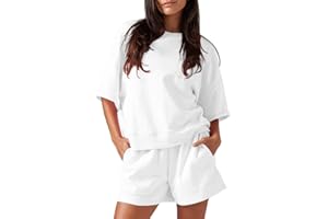 Fisoew Womens 2 Piece Outfits Casual Oversized Cropped Sweatshirt and High Waist Running Shorts Tracksuit Sets