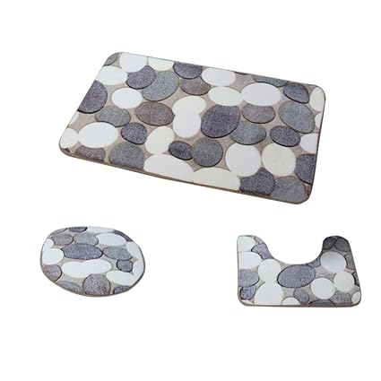 Aspiredeal Set of 3 Pcs Big Pebbles Pattern Bathroom Non-Slip Pedestal Rug Lid Toilet Cover Bath Mat Set