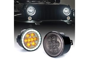 Xprite Smoked Lens Turn Signals Lights with DRL Halo, LED Front Grill Indicator Parking Lights Compatible with 2007-2018 Jeep Wrangler JK JKU, Amber