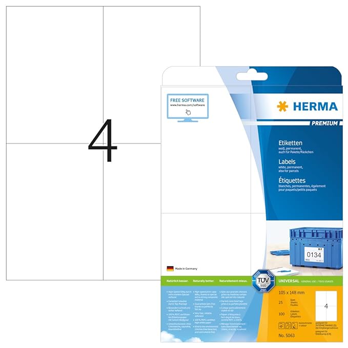 HERMA Self Adhesive MultiPurpose Labels, 4 Labels Per A4 Sheet, 100