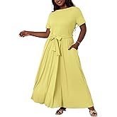 XNMHL Plus Size Dresses for Curvy Women Soft Comfy Stretchy Short Sleeve High Waist Self Tie Flowy Pleated Maxi Dress
