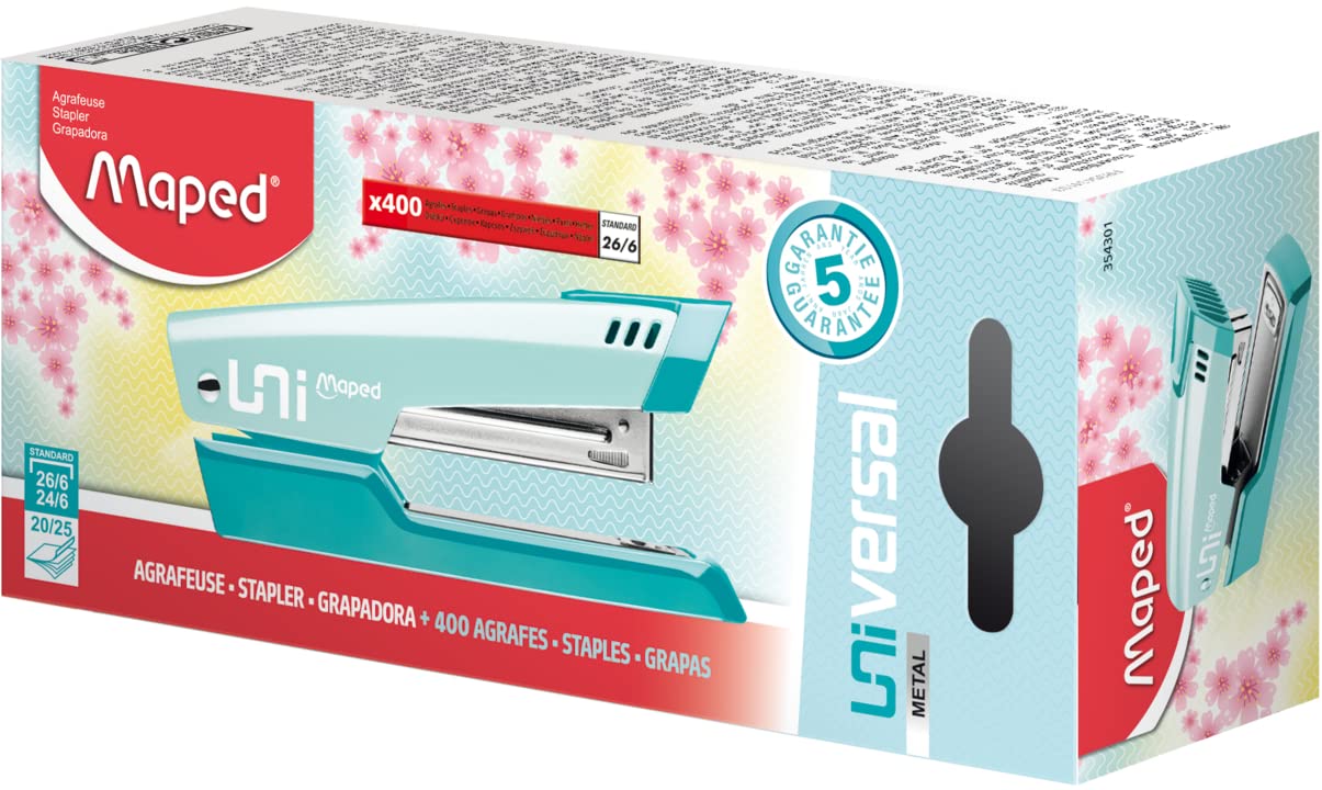 Maped - Universal Metal Stapler - Stapling + Nailing - Compatible with Staples No. 24/6 and 26/6 - Capacity 20 to 25 Sheets - with 400 26/6 Staples Included - Pastel Blue