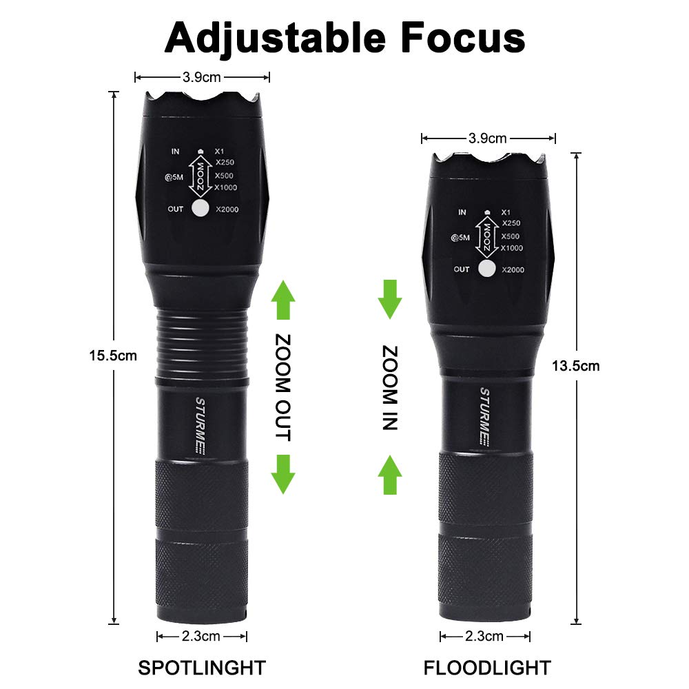 STURME Super Bright LED Torch High Lumens 1000 Feet Bright Distance Adjustable Focus LED Flashlight with 5 Modes IP65 Water-Resistant Perfect for Camping Outdoor Sports Home Use