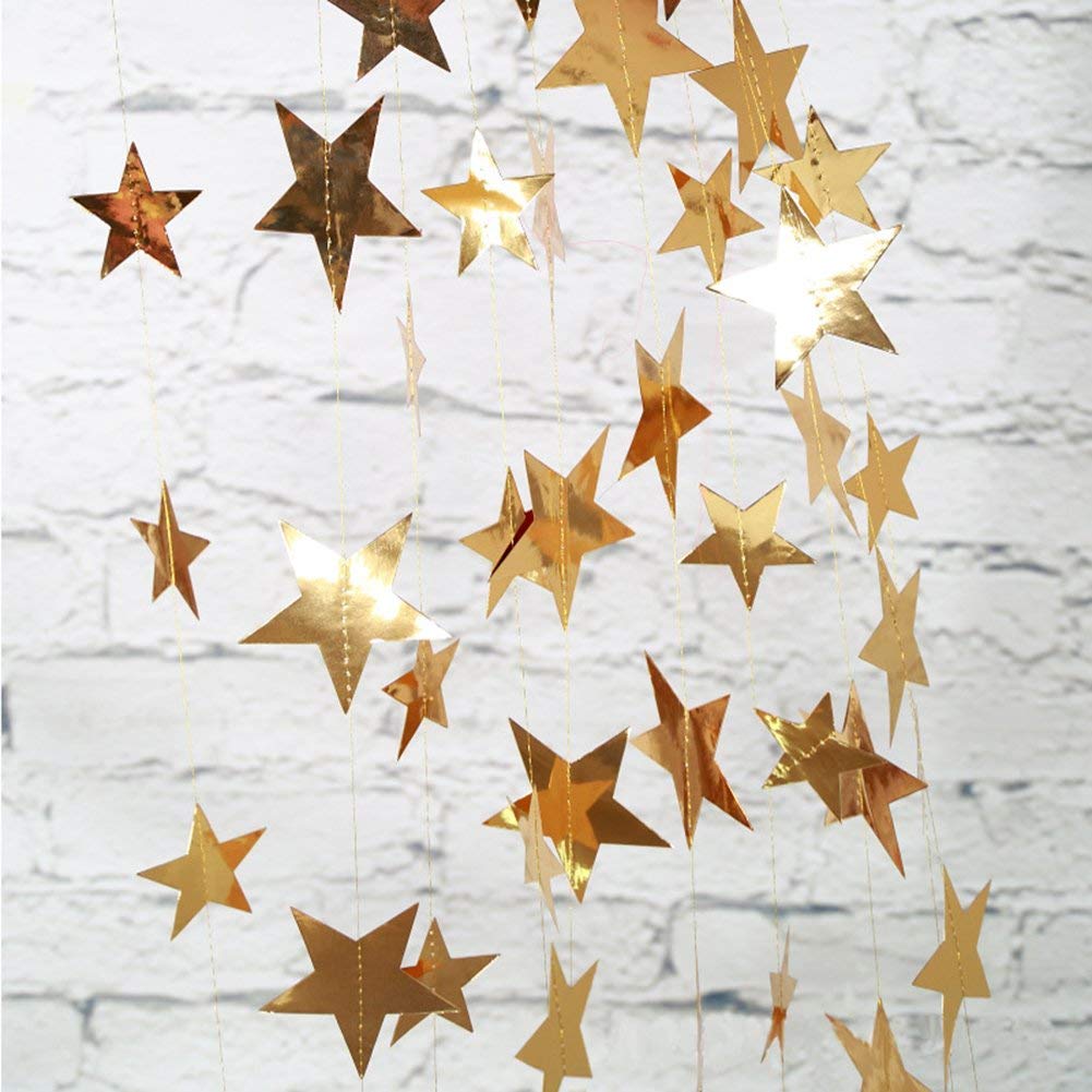 Yuccer 2 Pack Paper Garland Decorations Glitter Star Garland Hanging Star Decorations for Wedding Bridal Baby Showers Birthday Christmas Party Decorations (Gold)