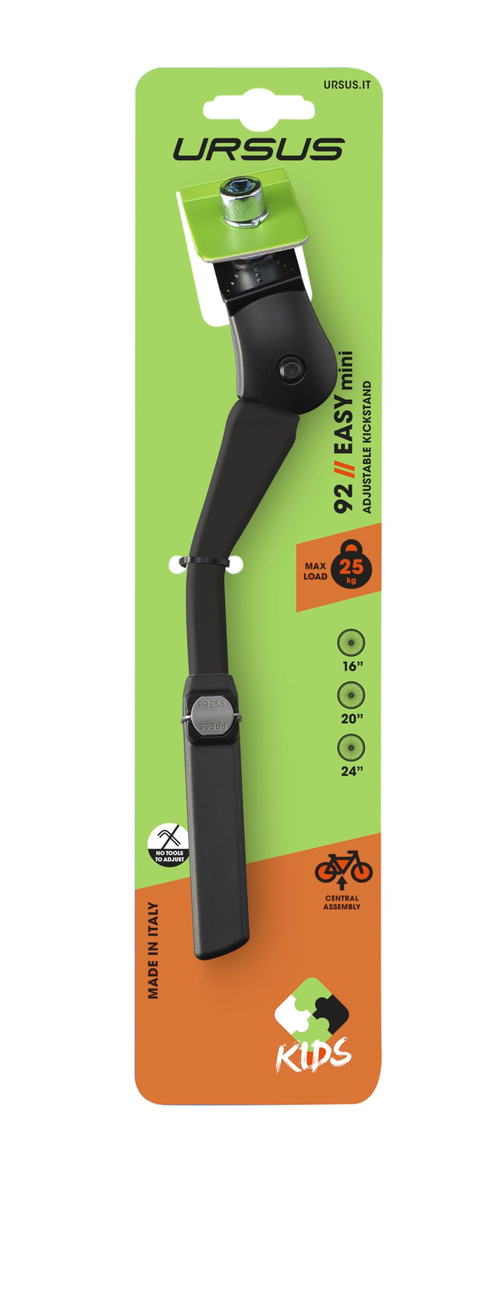 Ursus Easy Mini Central Kickstand, Black, 16''/ 20''/ 24''