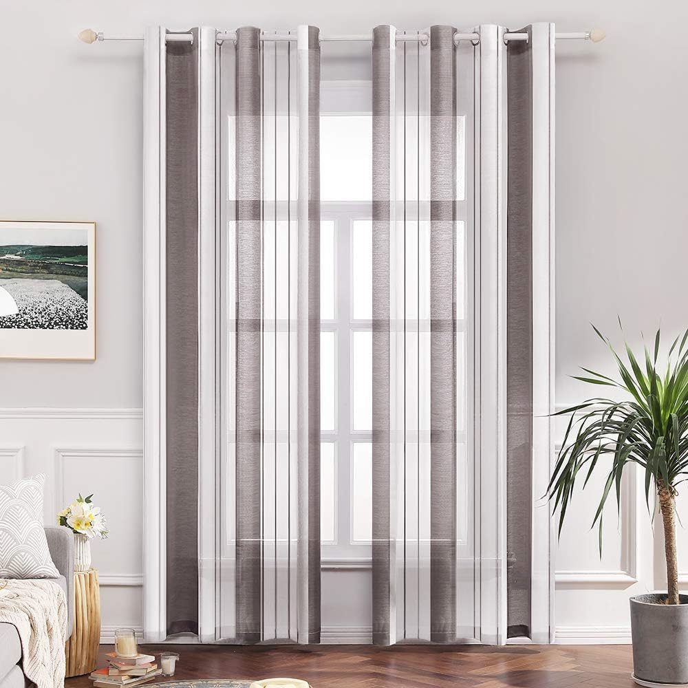 MIULEE Voile Curtains Semi Transparent Soft Elegant Decorative Classic Striped Curtain Translucent Eyelet Top Window Curtain Polyester for Bedroom Living Room 2 Panels 55" Wx102 L 140x260cm Coffee