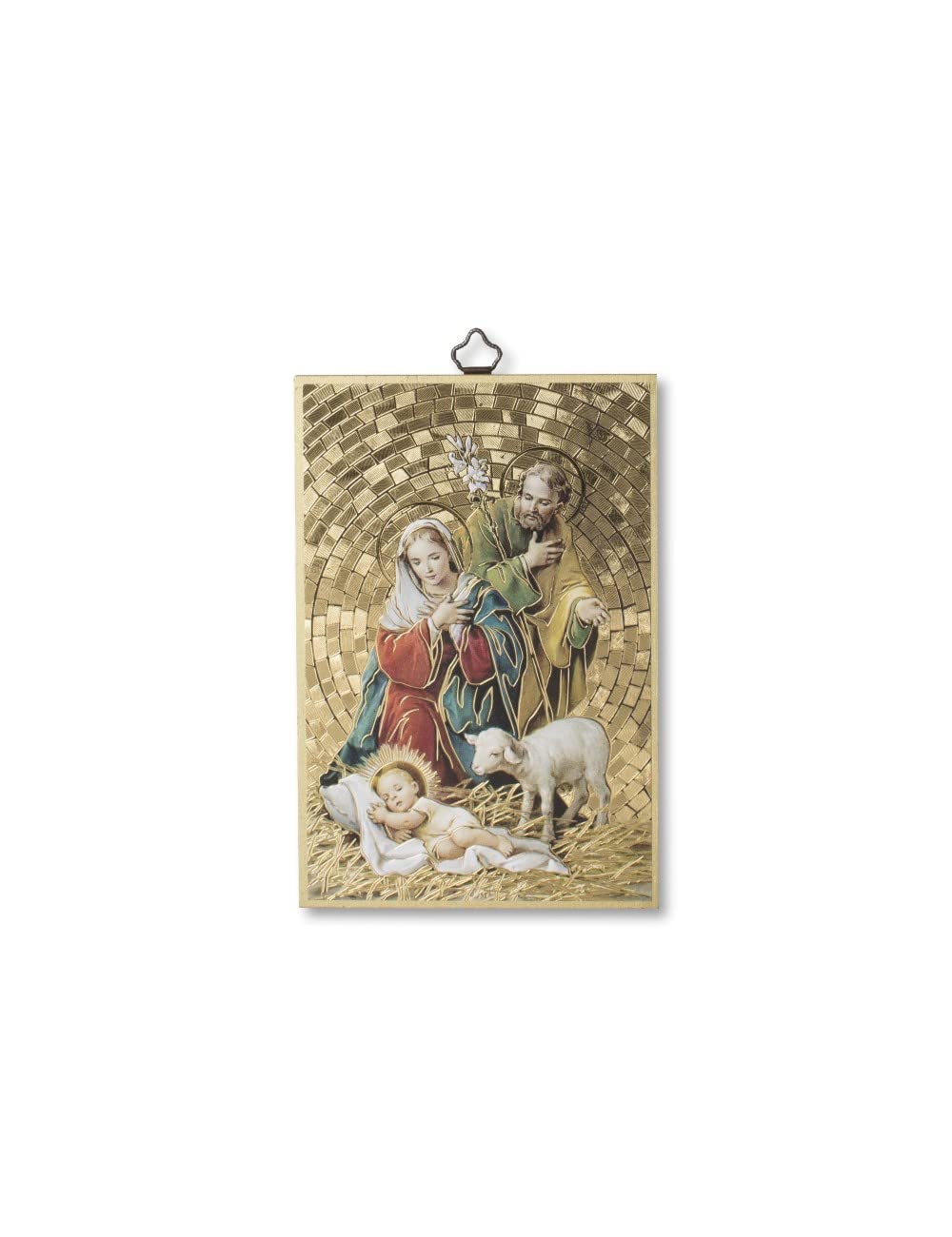 BONELLA BROTHERS Bonella Brothers | Sacred picture on 8mm poplar MDF wood with gold foil mosaic of the Holy Family Christmas with Prayer on the back 10 x 15 cm | Made in Italy