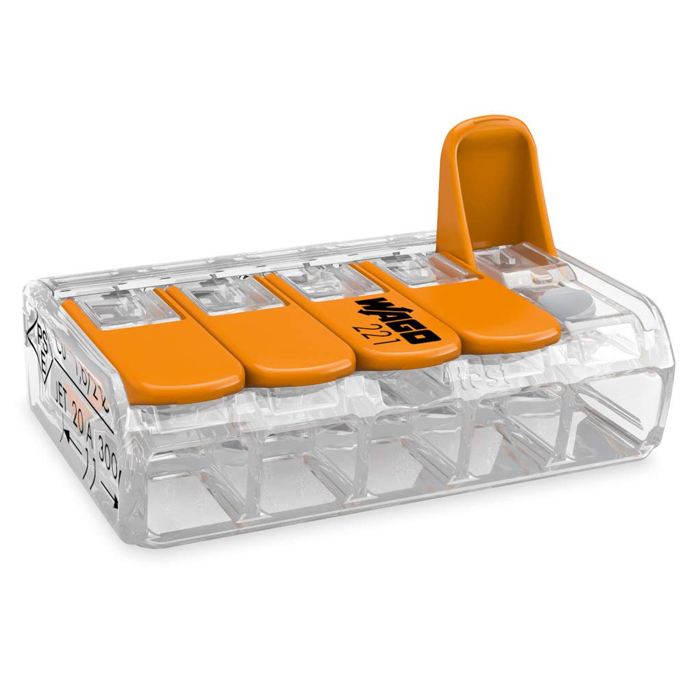25 piece Wago connection Block with 5 conductors and the actuating lever 0.2-4 mm², small transparent design, 221-415, orange — image 1