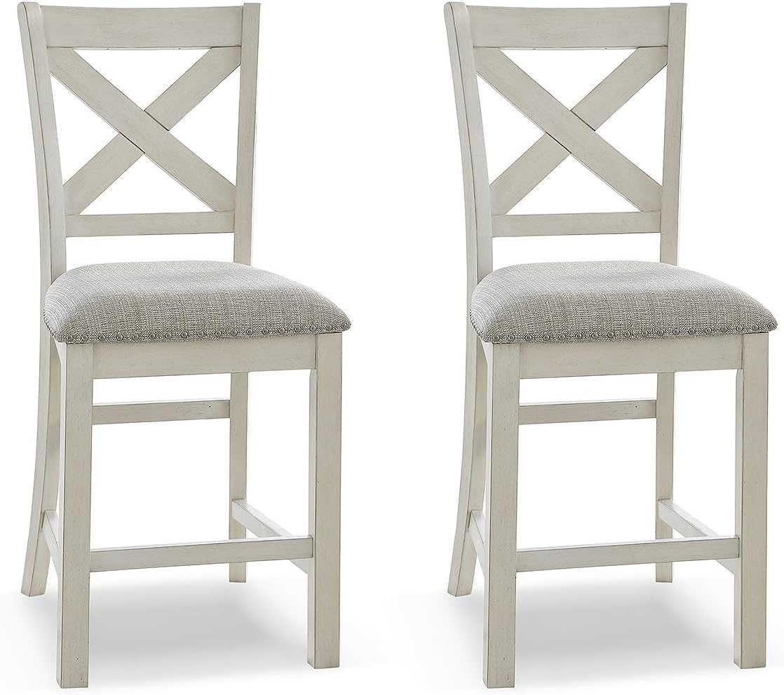 Photo 1 of Signature Design by Ashley Robbinsdale Farmhouse Upholstered Barstool, Set of 2, X-Back, Nailhead Trim, Wood, 24.75" H, White & Light Gray