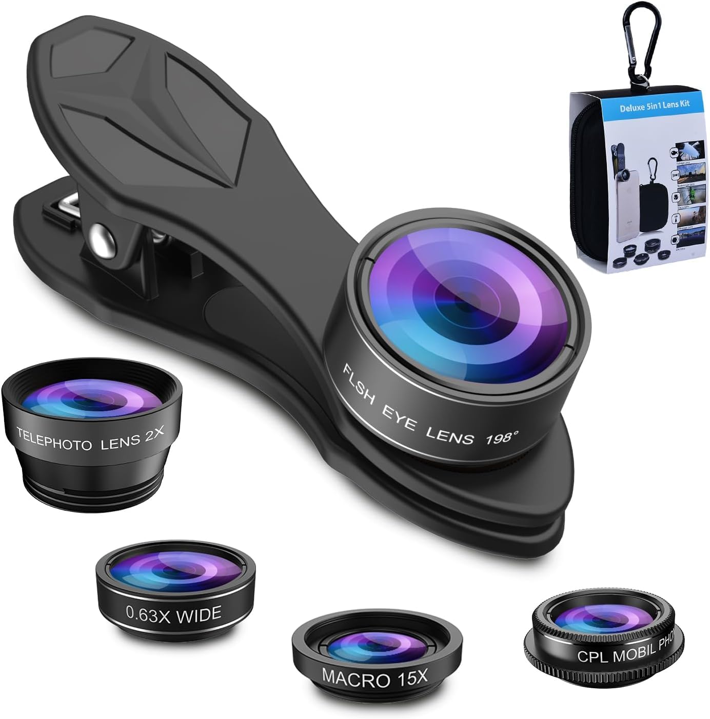 Photo 1 of **SEE PHOTOS**MIAO LAB 5 in 1 Phone Camera Lens Kit -0.63X Wide Angle Lens & 15X Macro Lens+190°Fisheye Lens/CPL + 2X Telephoto Lens Compatible with iPhone Samsung Sony and Most of Smartphone