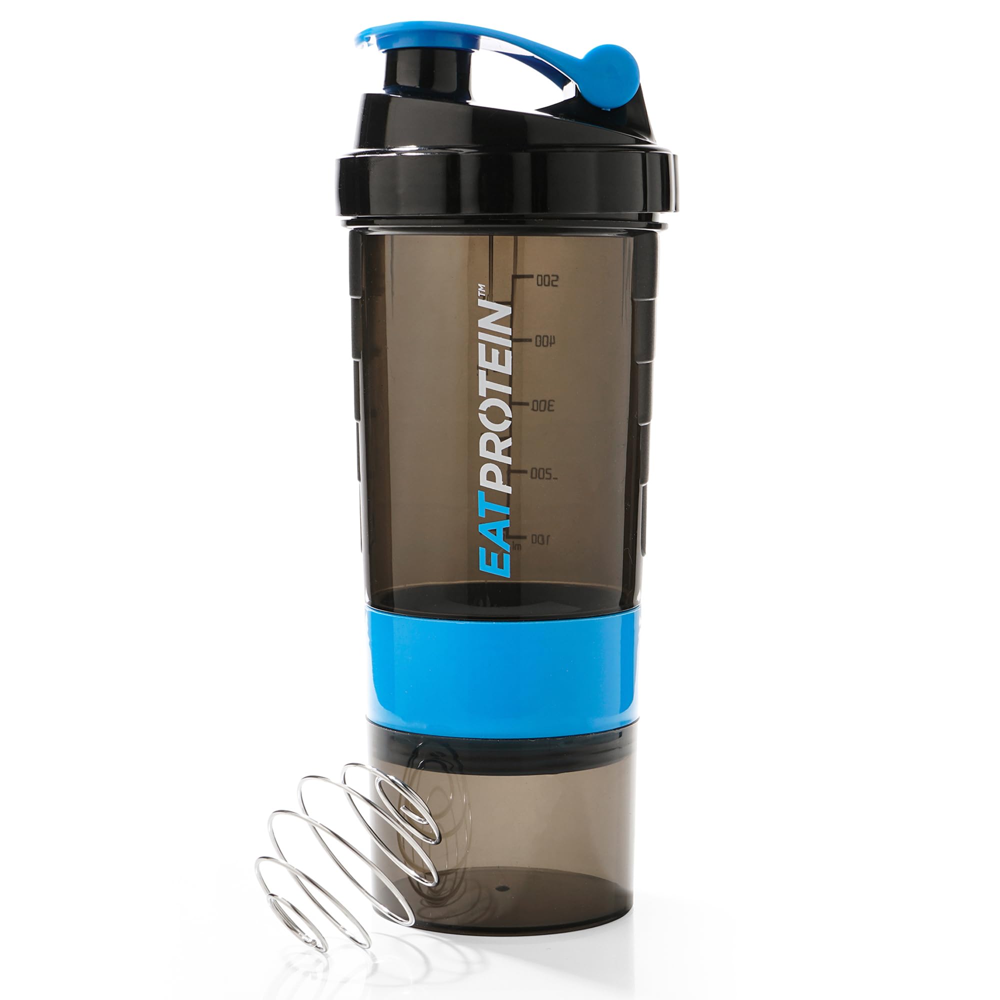 EatProtein 500ml Protein Shaker Bottle - 2 Storage Compartments & Pill Box - Leakproof Lid, Wire Ball for Smooth Shakes, BPA-Free, with Measurement Markings