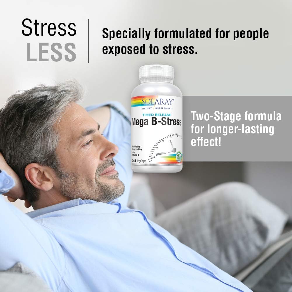 Solaray Mega Vitamin B-Stress, Two-Stage Timed-Release | Specially Formulated w/B Complex Vitamins for Stress Support | Non-GMO | Vegan | 240 Tabs: Health & Personal Care