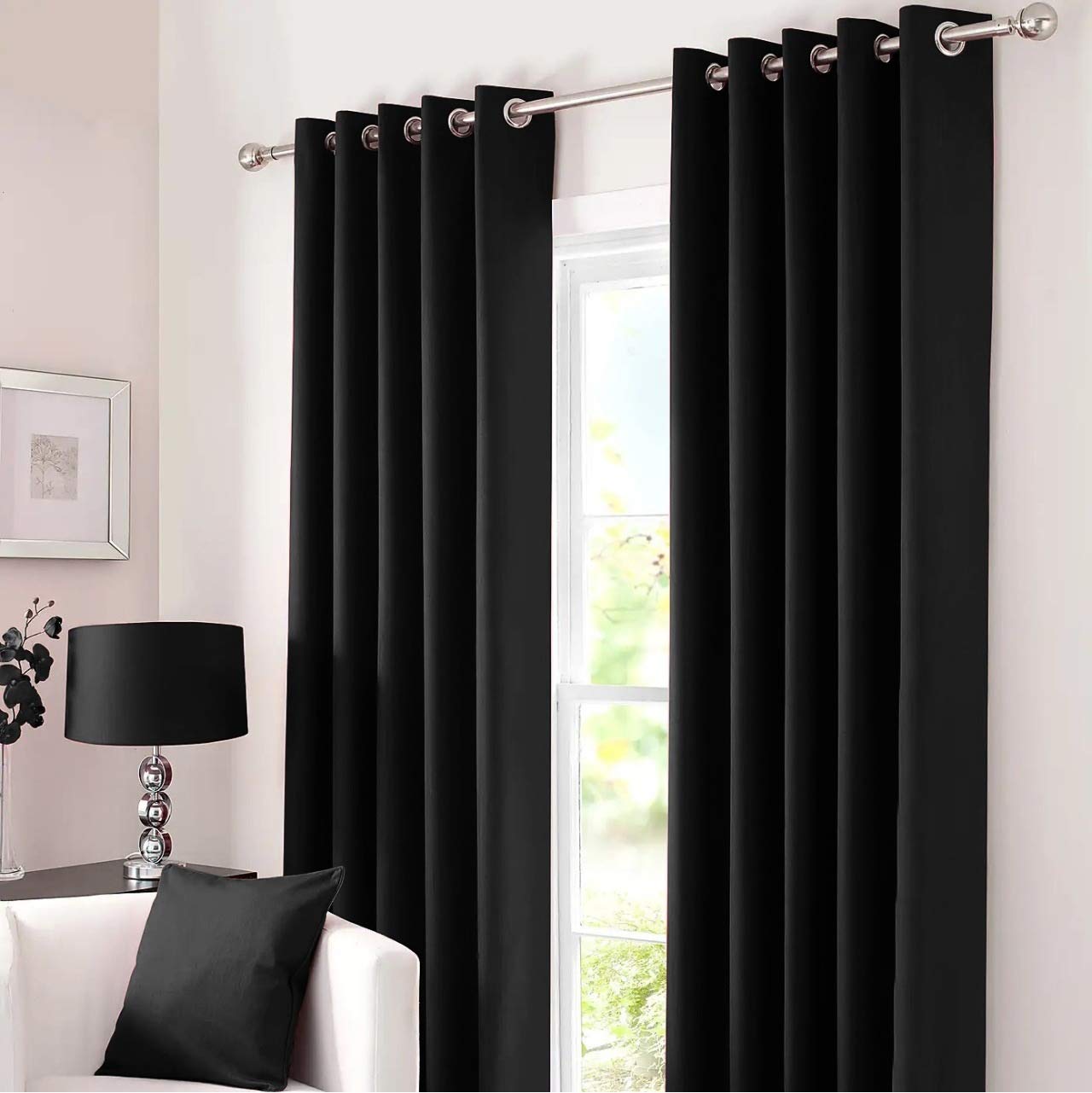 Kinfolk Textile Blackout Thermal Eyelet Ring Top Insulated Pair of Curtains Including 2 Tiebacks (Black, 66" x 54")