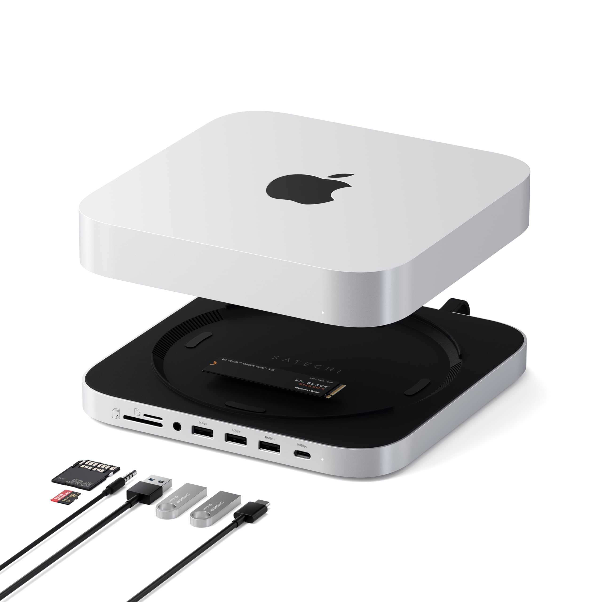 SATECHI Mac mini Hub & Ständer mit SSD-Gehäuse, NVMe/SATA M.2, USB-C 10 Gbit/s, 3X USB-A, Audio, komp. mit Mac mini (2023 M2/M1, 𝗻𝗶𝗰𝗵𝘁 𝗸𝗼𝗺𝗽. 𝗺𝗶𝘁 𝗠𝟰 𝗠𝗜𝗡𝗜) & Mac Studio (2025 M4/etc.)